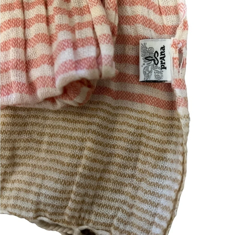 Prana Oversized Pink Tan & Cream Cotton Striped Scarf with Fringe
